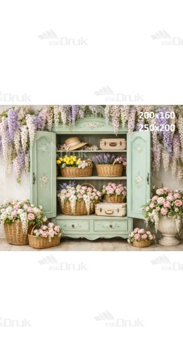 Tło fotograficzne „Miętowa witryna z koszami kwiatów” | E850